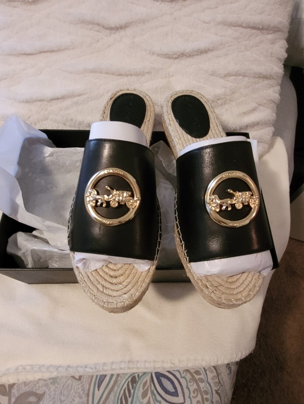 Coach Black Leather Espadrille Slide Sandals with Gold Medallion